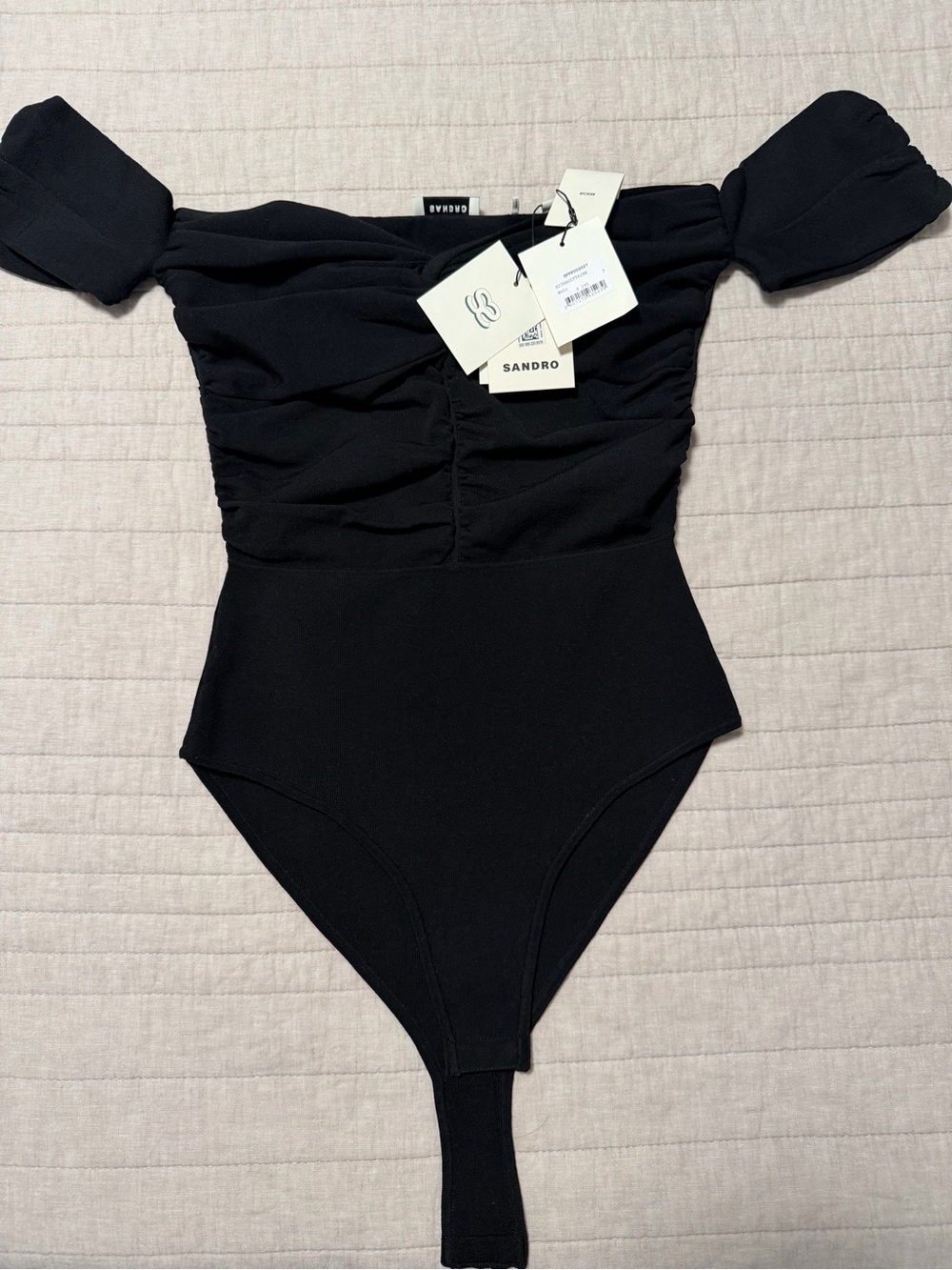 Sandro Black Off-Shoulder Ruched Puff-Sleeve Bodysuit